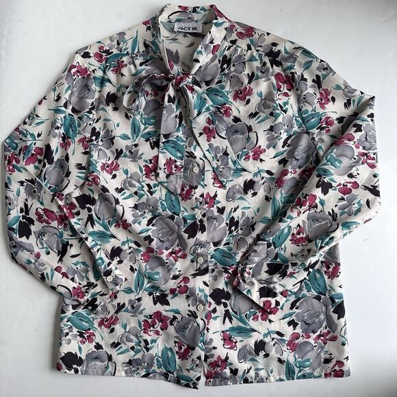 Vintage ACT III Button Up Blouse Tie Neck Secretary Floral Print Women’s Size L - Picture 3 of 12